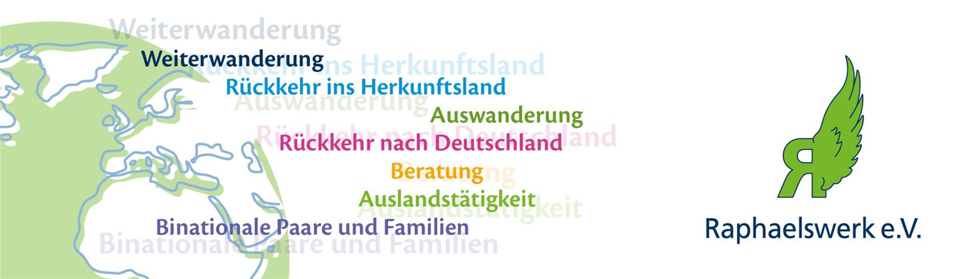 Logo Raphaelswerk, Globus grün Begriffe  Beratungsfelder